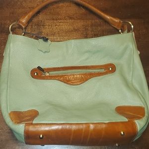 Valentina brand - Green pebble leather with brown trim tote style purse.
